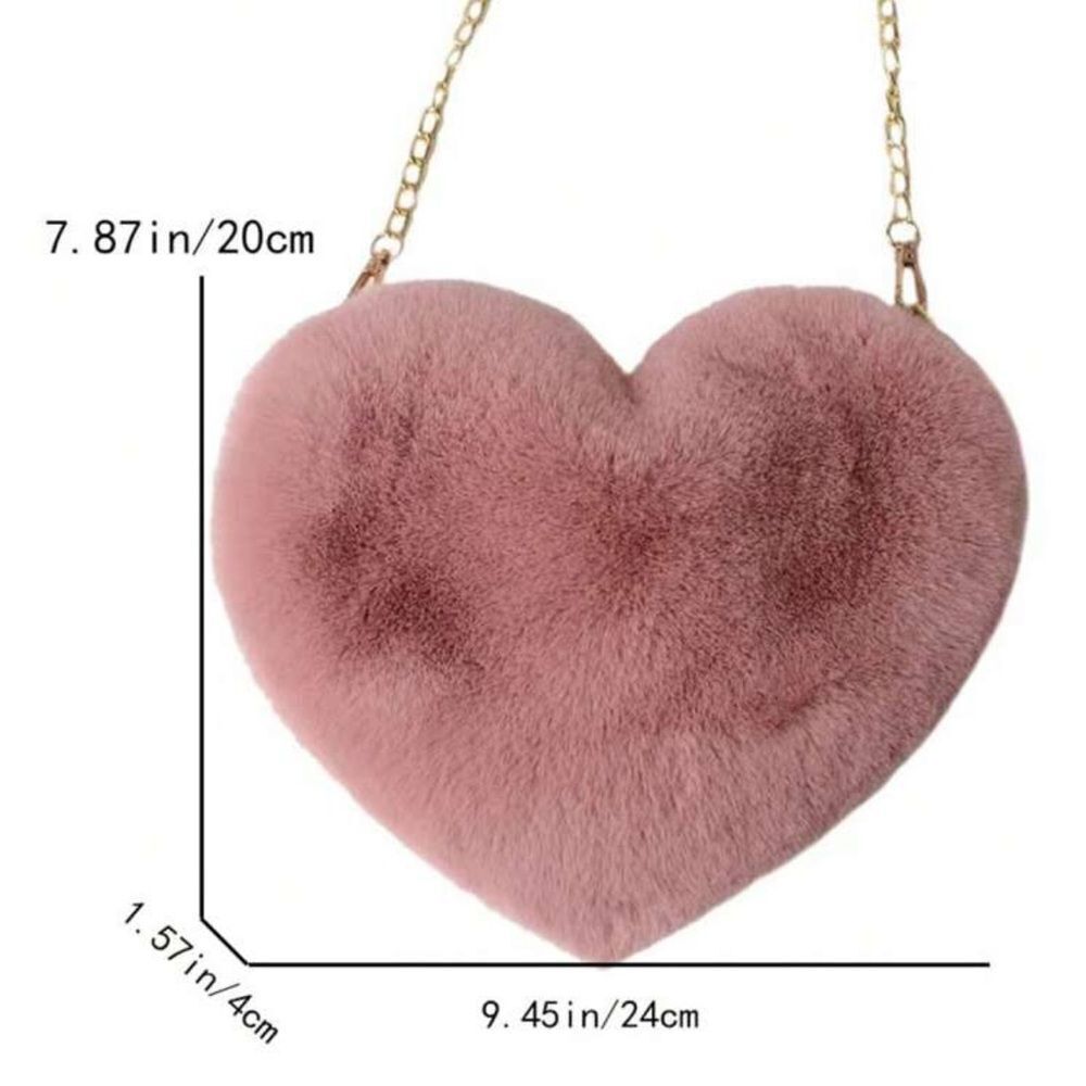 Fluffy Heart-Shaped Shoulder Bag – Soft Pink Faux Fur Purse - Picture 3 of 5